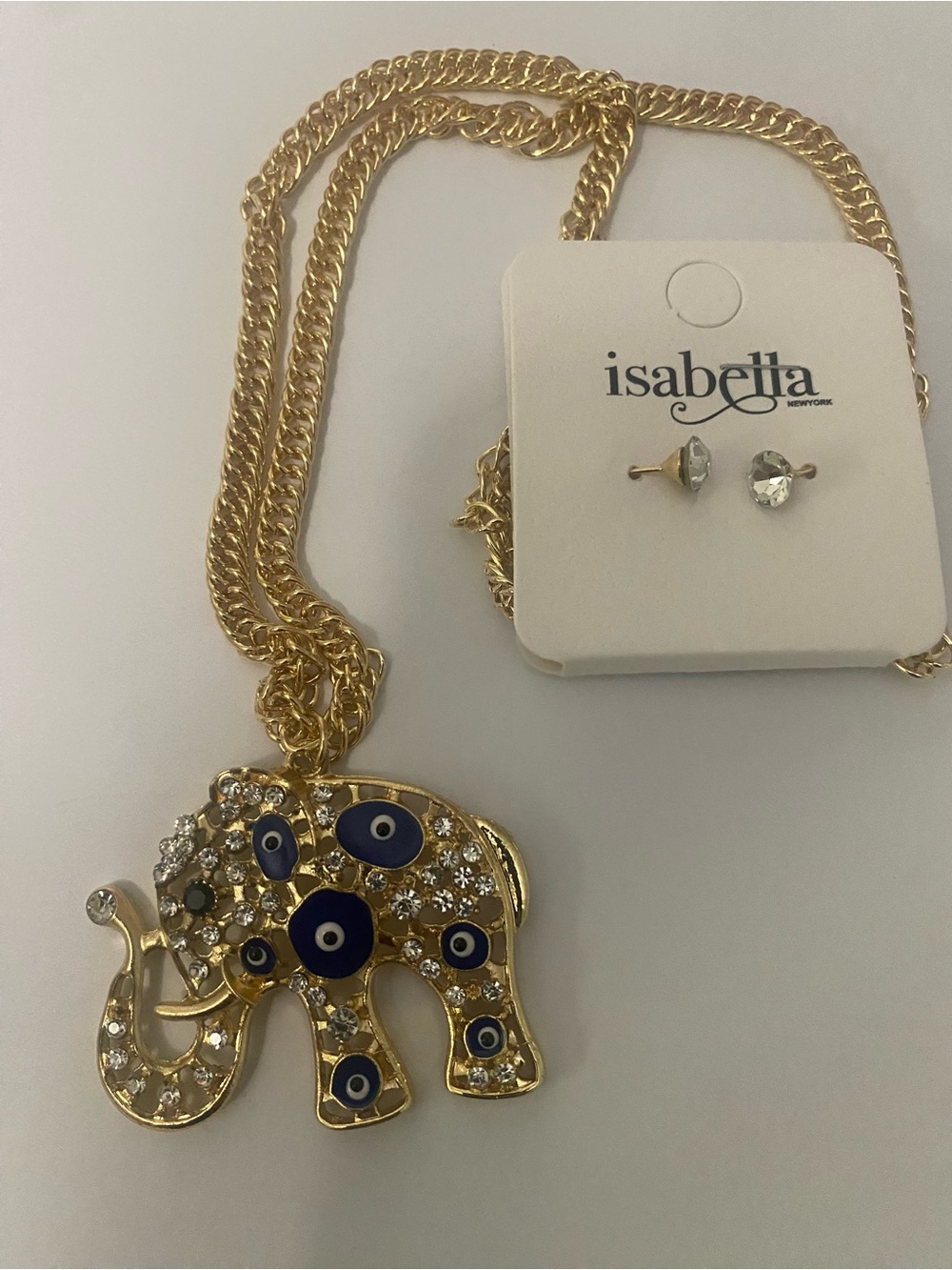 Isabella Gold Elephant Pendant Necklace with Blue Accent Motifs